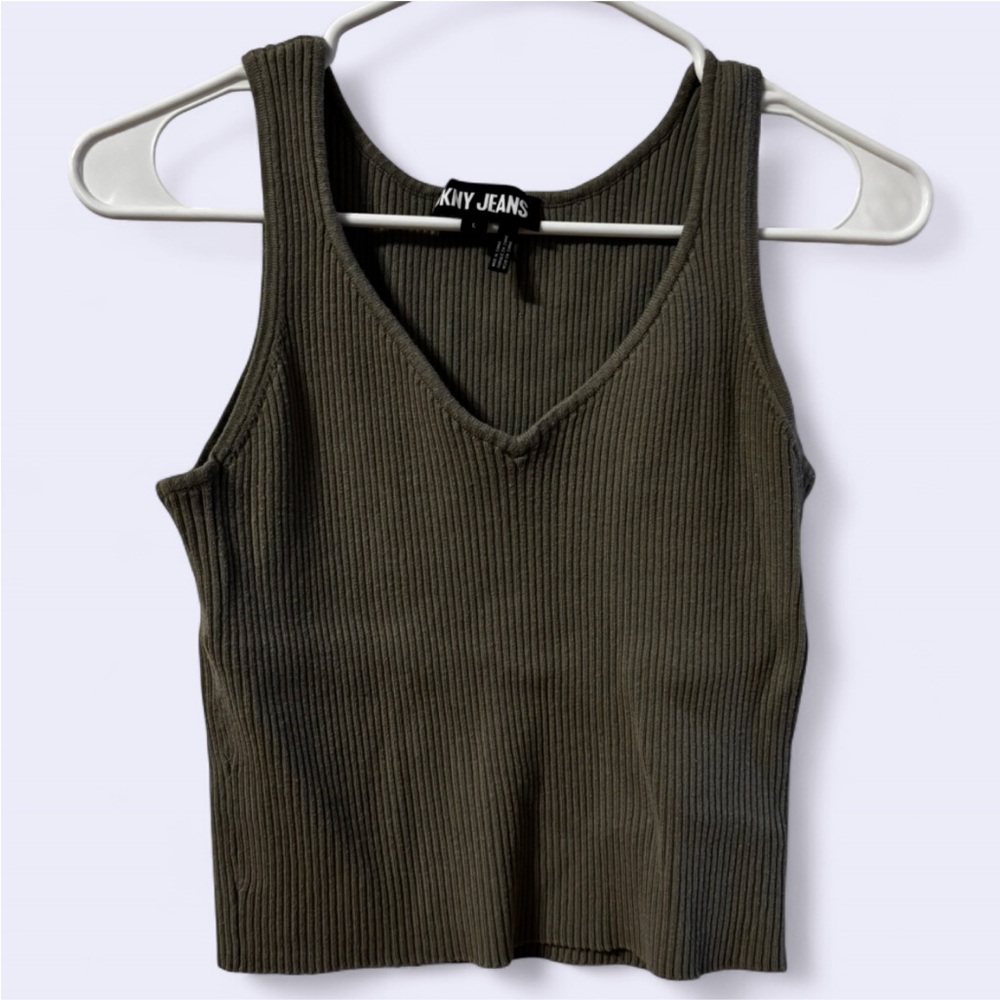 DKNY Dark Green Ribbed V-Neck Tank Top